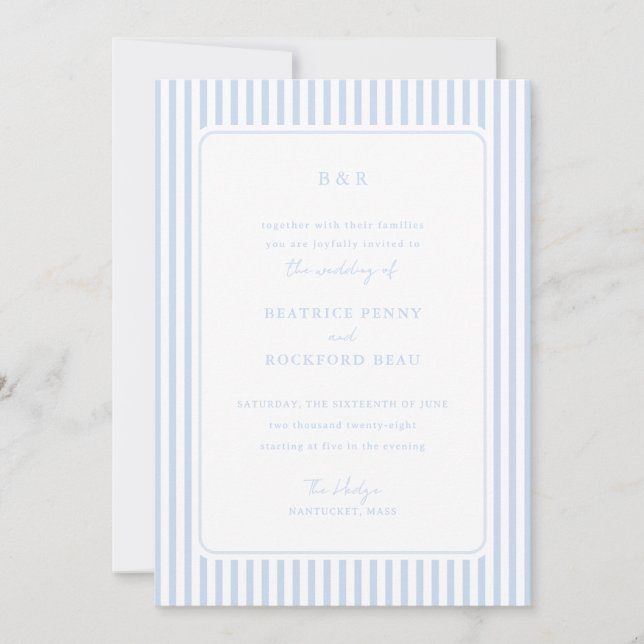 Coastal Blue Classic Stripes Minimalist Wedding Invitation (Front)