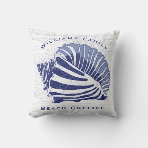 Coastal Blue Conch Seashell Family Monogram Throw Pillow