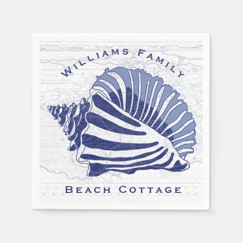 Coastal Blue Conch Seashell Family Name Napkins