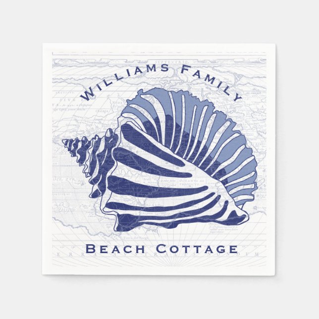 Coastal Blue Conch Seashell Family Name Napkins (Front)