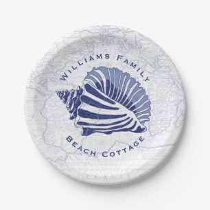 Coastal Blue Conch Seashell Family Name Paper Plates