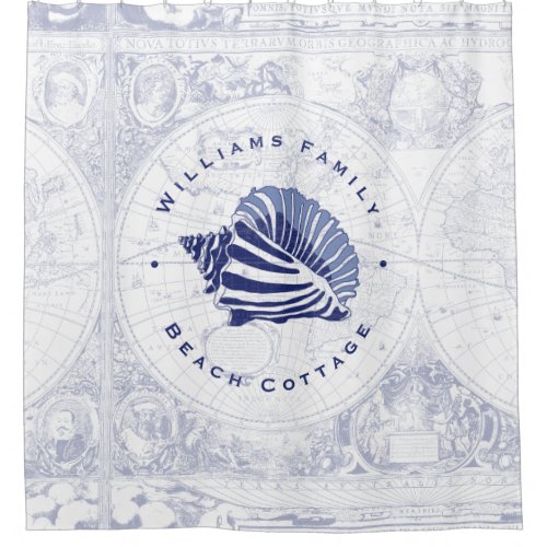 Coastal Blue Conch Seashell Family Name Shower Curtain