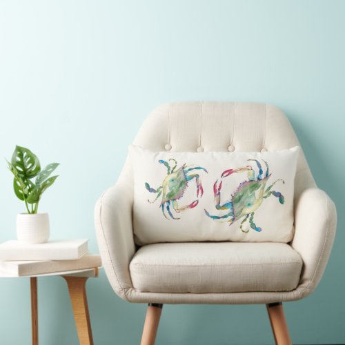 Coastal Blue Crab Beach House Watercolor Lumbar Pillow