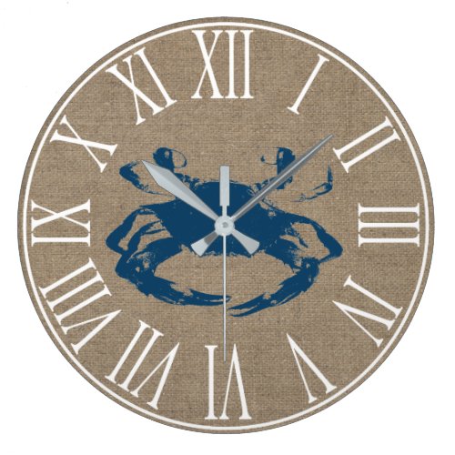 Coastal Blue Crab &amp; Faux Burlap Large Clock