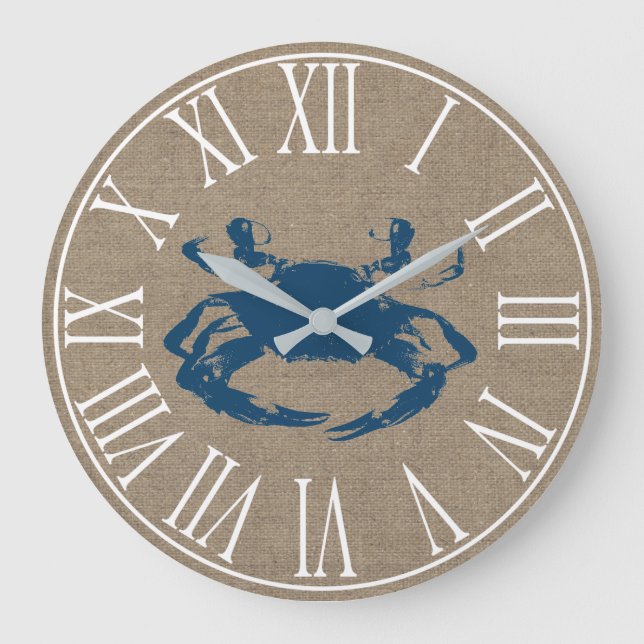 Coastal Blue Crab & Faux Burlap Large Clock (Front)