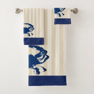 Coastal Blue Crab & Taupe Stripes Bath Towel Set