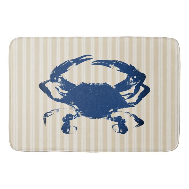Coastal Blue Crab & Taupe Stripes Bathroom Mat (Front)