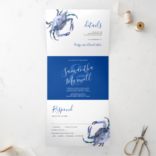 Coastal Blue Crab Trifold Wedding Invitation