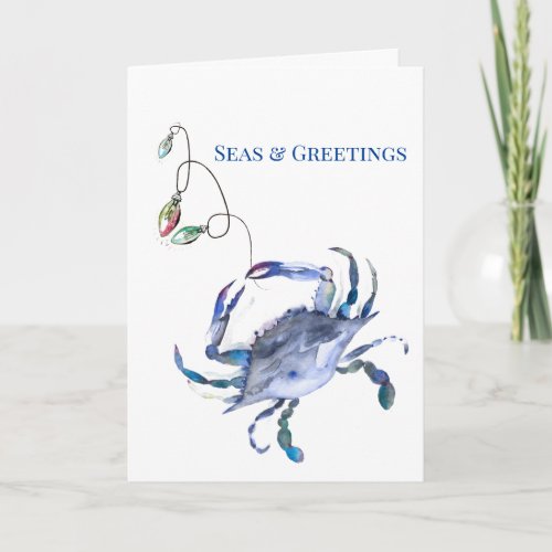 Coastal Blue Crab Watercolor Beach Christmas Card