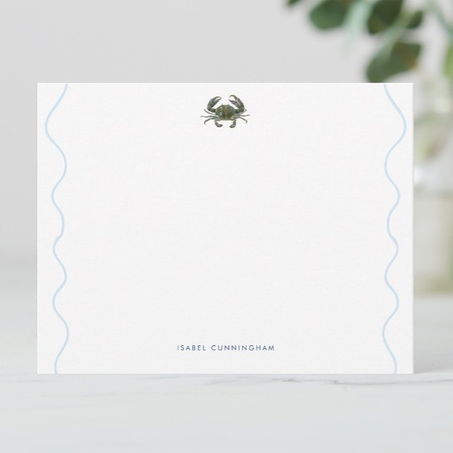Coastal Blue Crab Wavy Border Personalized Note Card (Creator Uploaded)