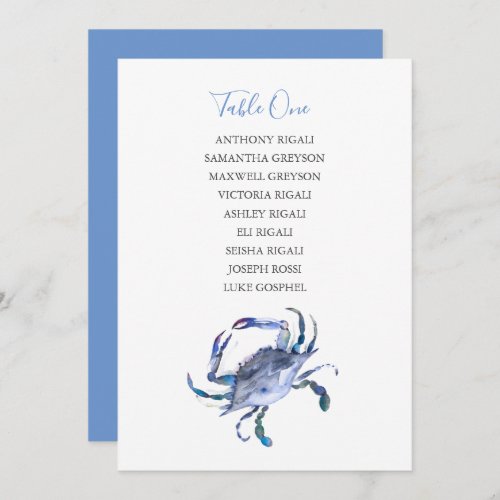 Coastal Blue Crab Wedding Seating Chart Card