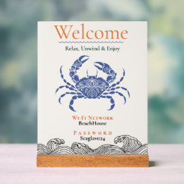 Coastal Blue Crab Wi-Fi Password Sign Desk Plaque