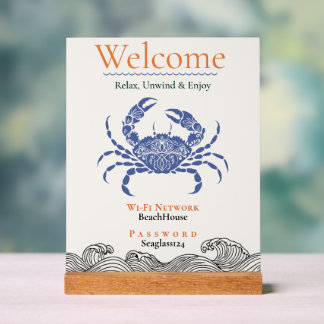 Coastal Blue Crab Wi-Fi Password Sign Desk Plaque