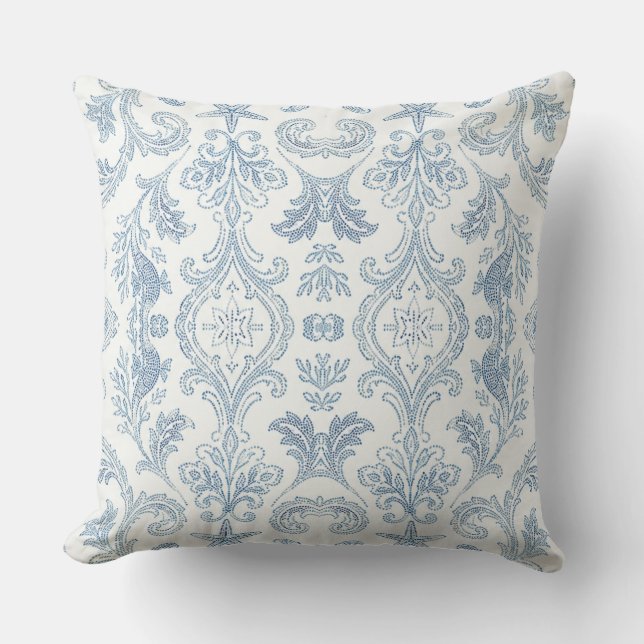 Coastal Blue Damask Throw Pillow - Beach House (Front)