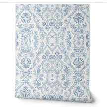 Coastal Blue Damask Wallpaper - Nautical Shell