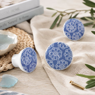 Coastal Blue Floral Ceramic Drawer Pull 