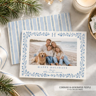 Coastal Blue Floral Family Photo Monogram Happy Holiday Card