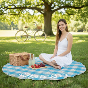 Coastal Blue Gingham Personalized Round Beach Towel