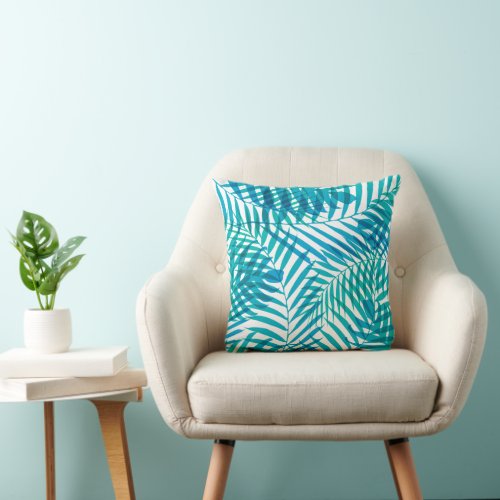 Coastal Blue Green and White Palm Foliage  Throw Pillow