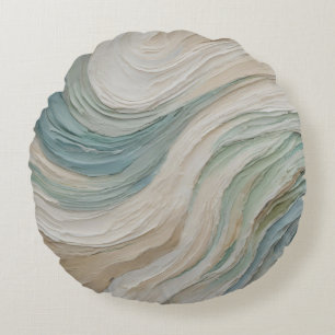 Coastal Blue Green Beige Abstract Waves Round Pillow