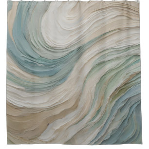 Coastal Blue Green Beige Abstract Waves Shower Curtain