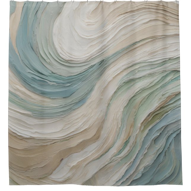 Coastal Blue Green Beige Abstract Waves Shower Curtain (Front)