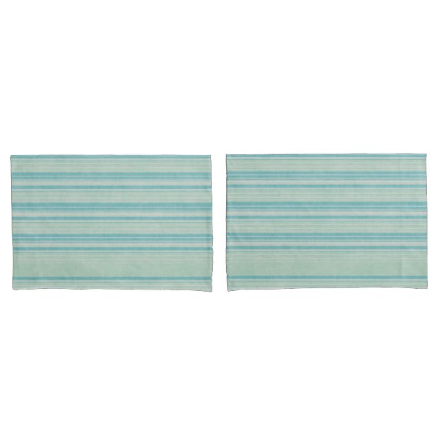 Coastal Blue Green Striped His Her Name Rustic  Pillow Case (Front-Set)