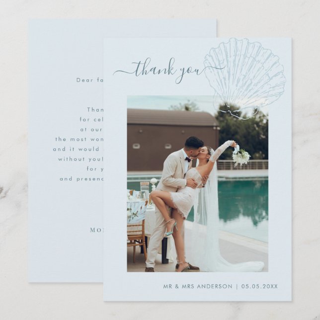 Coastal Blue Hand Drawn Seashell Photo Wedding Thank You Card (Front/Back)