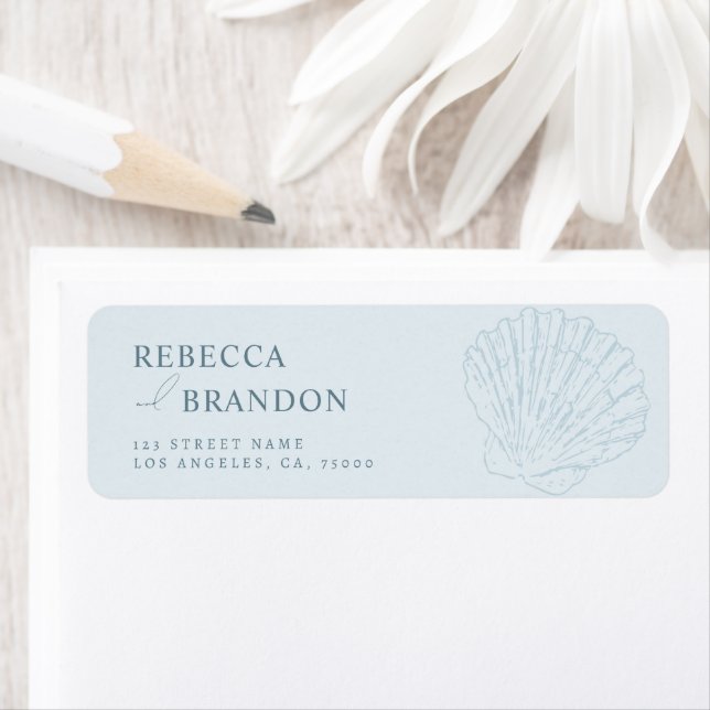 Coastal Blue Hand Drawn Seashell Wedding Address Label (Insitu)