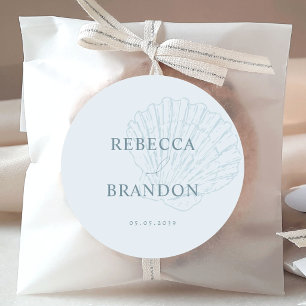 Coastal Blue Hand Drawn Seashell Wedding Favor Classic Round Sticker