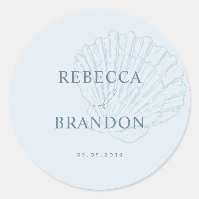Coastal Blue Hand Drawn Seashell Wedding Favor Classic Round Sticker (Front)