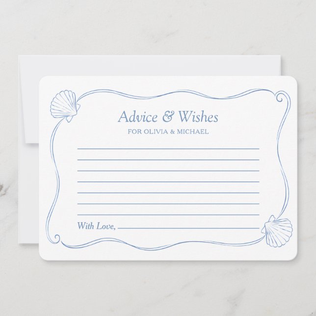 Coastal Blue Hand Drawn Shell Bridal Shower Advice Note Card (Front)