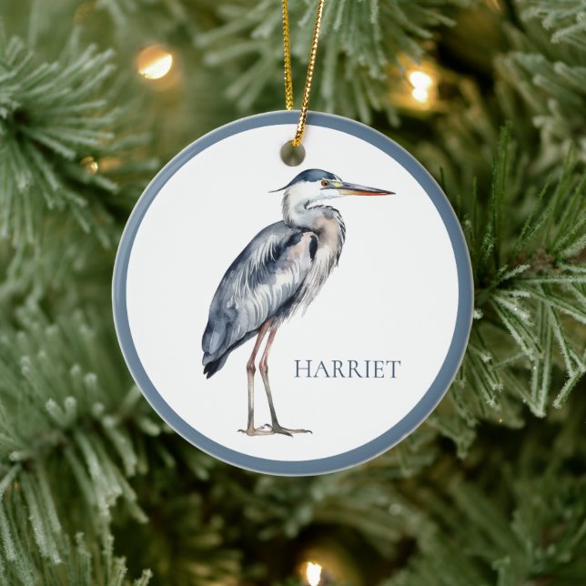 Coastal Blue Heron Bird Personalized Ceramic Ornament (Tree)