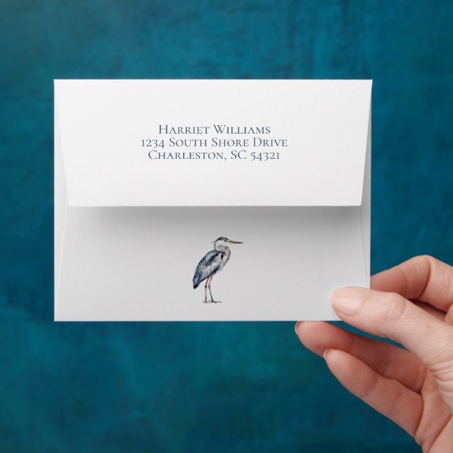 Coastal Blue Heron Bird Personalized Envelope (Hand)