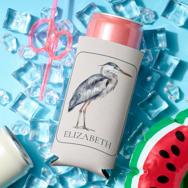 Coastal Blue Heron Bird Personalized Seltzer Can Cooler (In Situ Summer)