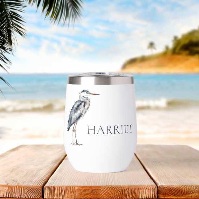 Coastal Blue Heron Bird Personalized Thermal Wine Tumbler (Beach (Rotated))