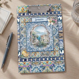 Coastal Blue Italian Tile Citrus Monogram Clipboard