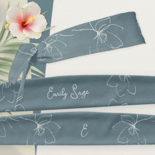Coastal Blue Ivory Floral Line Art Minimalist Zen Tie Headband