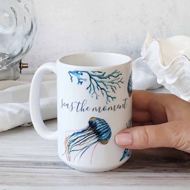 Coastal Blue Jellyfish and Sea Coral Watercolor Coffee Mug (Ocean inspired coffee mugs feature unique beach themed art by Victoria Grigaliunas Do Tell A Belle)