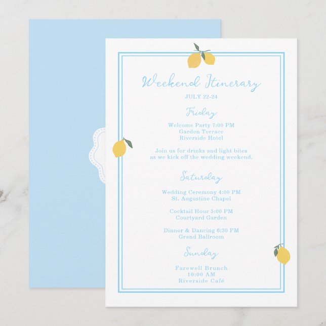 Coastal Blue Lemon Amalfi Wedding Itinerary Card (Front/Back)