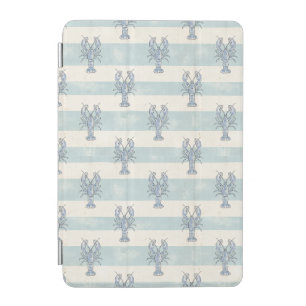 Coastal Blue Lobster Nautical Stripes Pattern iPad Mini Cover
