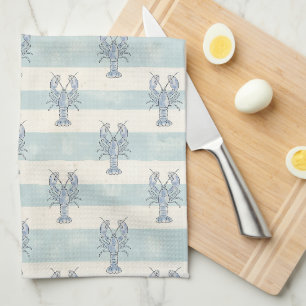 Coastal Blue Lobster Nautical Stripes Pattern Kitchen Towel