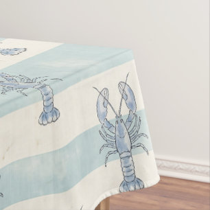 Coastal Blue Lobster Nautical Stripes Pattern Tablecloth