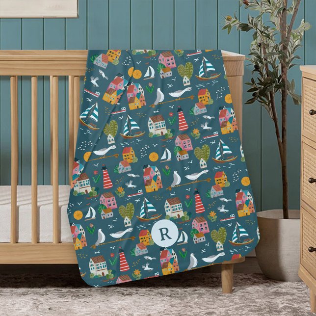 Coastal Blue Monogram Baby Shower Pattern Baby Blanket (Coastal Blue Monogram Baby Shower Pattern Baby Blanket)