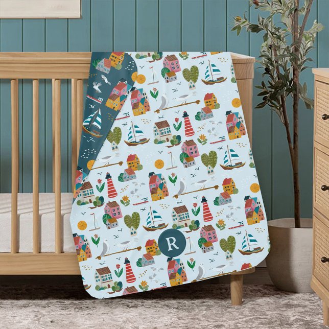 Coastal Blue Monogram Baby Shower Pattern Blanket (Coastal Blue Monogram Baby Shower Pattern Baby Blanket)