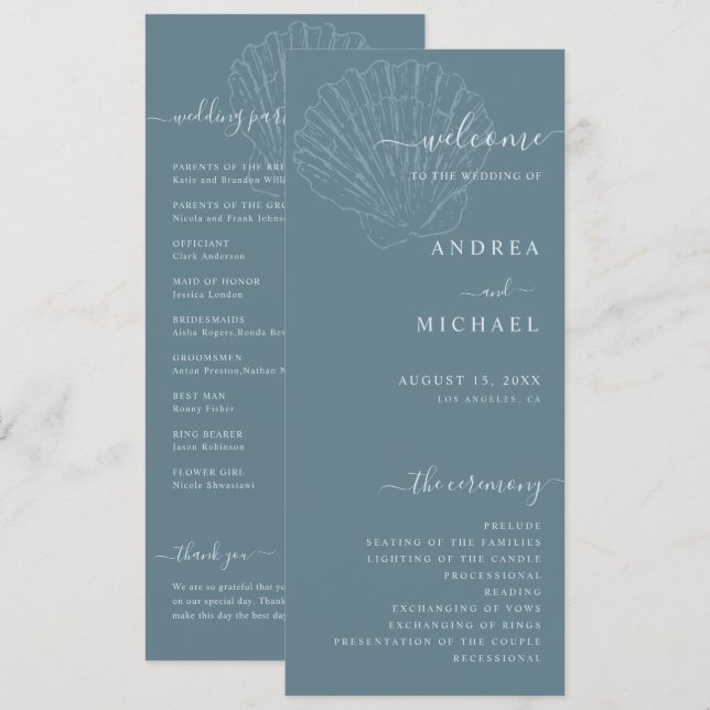 Coastal Blue Nautical Hand Drawn Seashell Wedding Program (Front/Back)