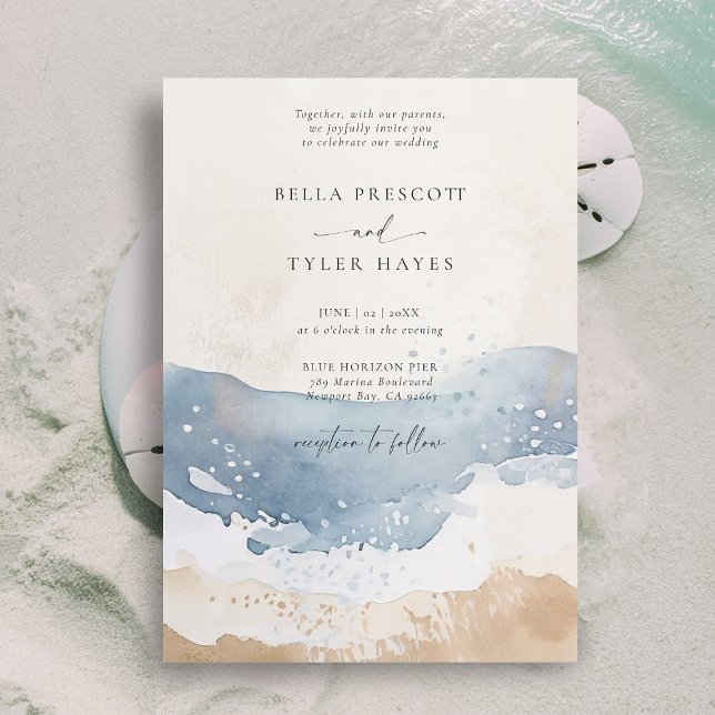 Coastal Blue Ocean Beach Wave Sand Elegant Weddi Invitation (coastal wedding invitation modern minimalist elegant beach ocean waves sand navy blue teal beige)