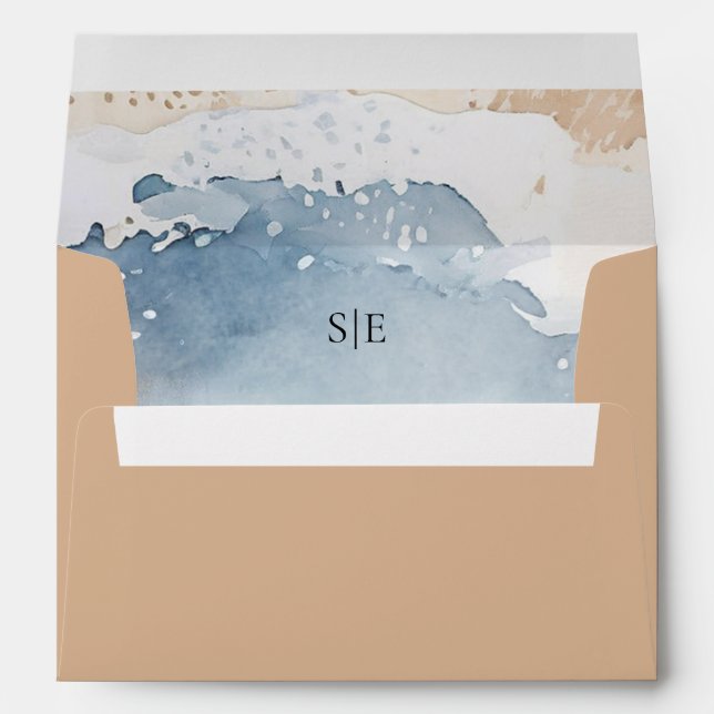 Coastal Blue Ocean Beach Wave Sand Elegant Wedding Envelope (Back (Bottom))
