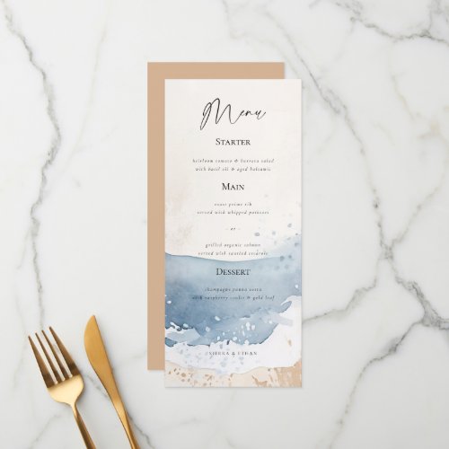 Coastal Blue Ocean Beach Wave Sand Elegant Wedding Menu