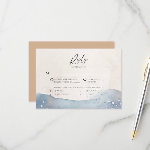 Coastal Blue Ocean Beach Wave Sand Elegant Wedding RSVP Card